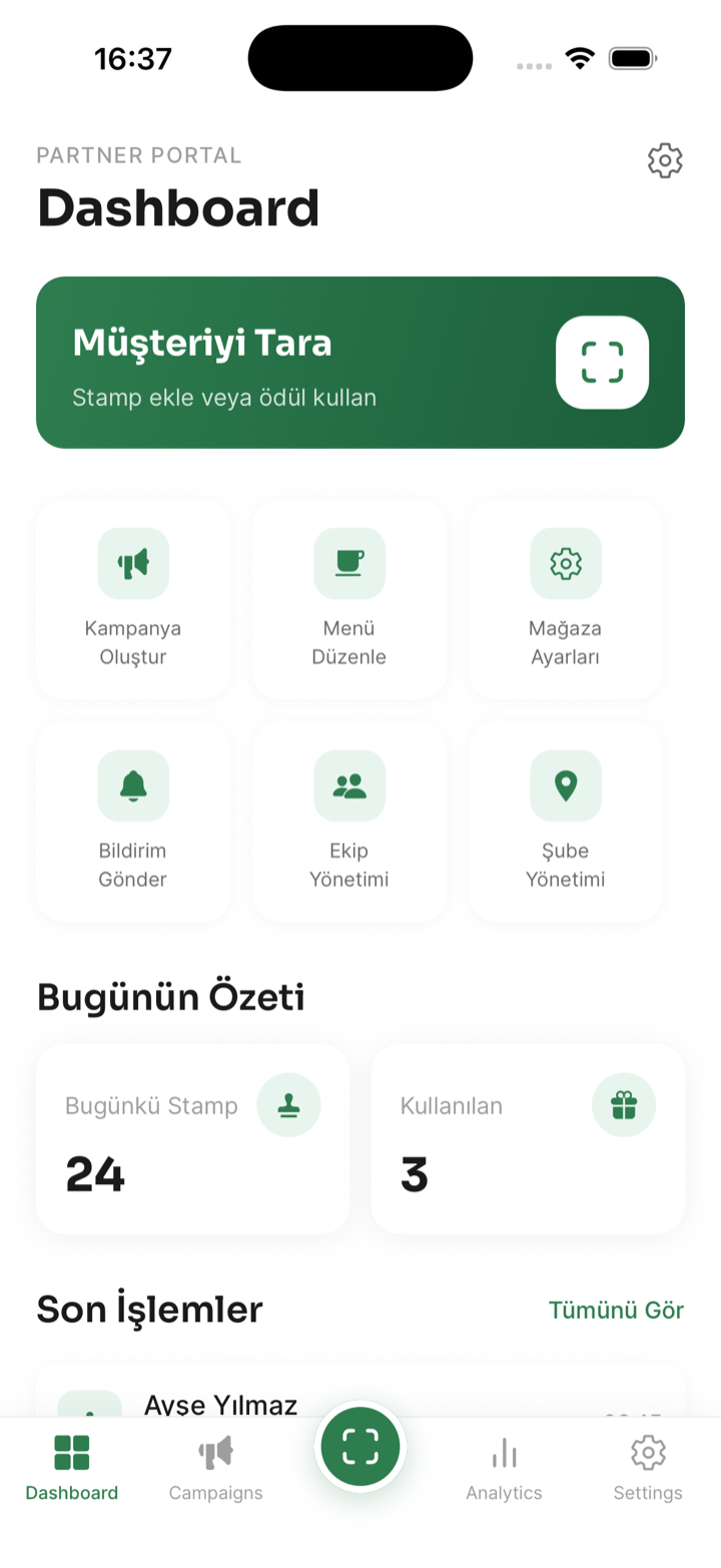 Kohi partner kontrol paneli ekranı