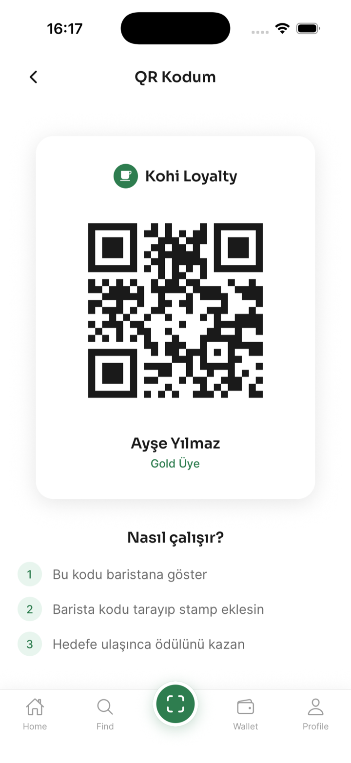 Kohi müşteri QR kodu ekranı